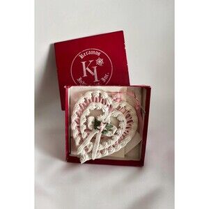 Vintage Keramos Porcelain Heart Ornament – Piped Frosting Style, Pink White